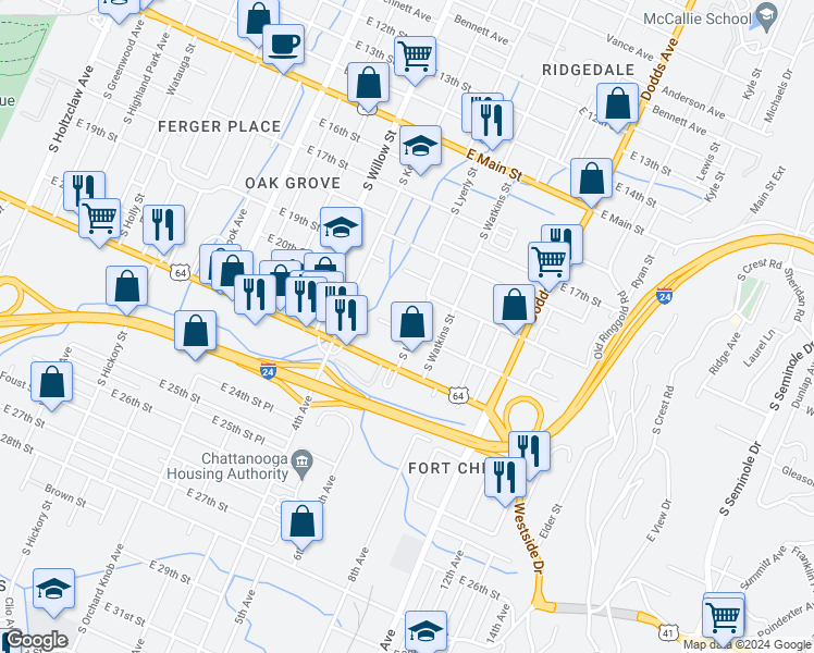 map of restaurants, bars, coffee shops, grocery stores, and more near 2005 South Lyerly Street in Chattanooga