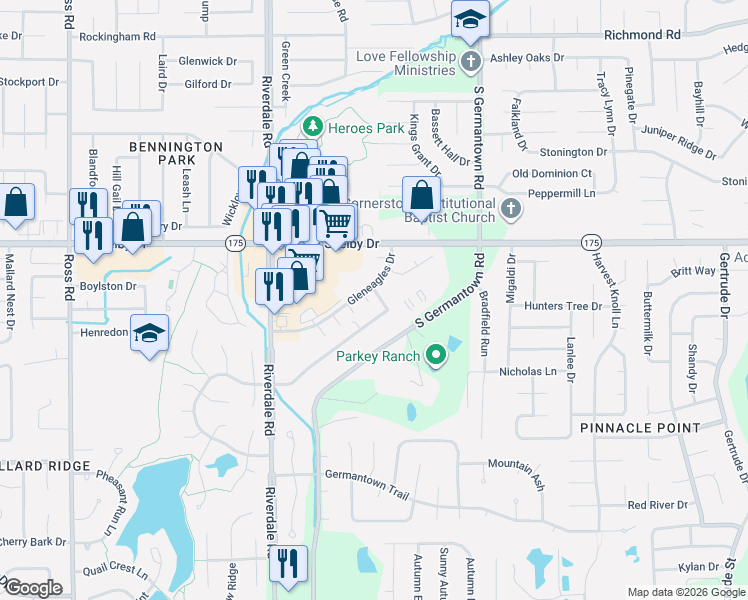 map of restaurants, bars, coffee shops, grocery stores, and more near 7089 Gleneagles Drive in Memphis