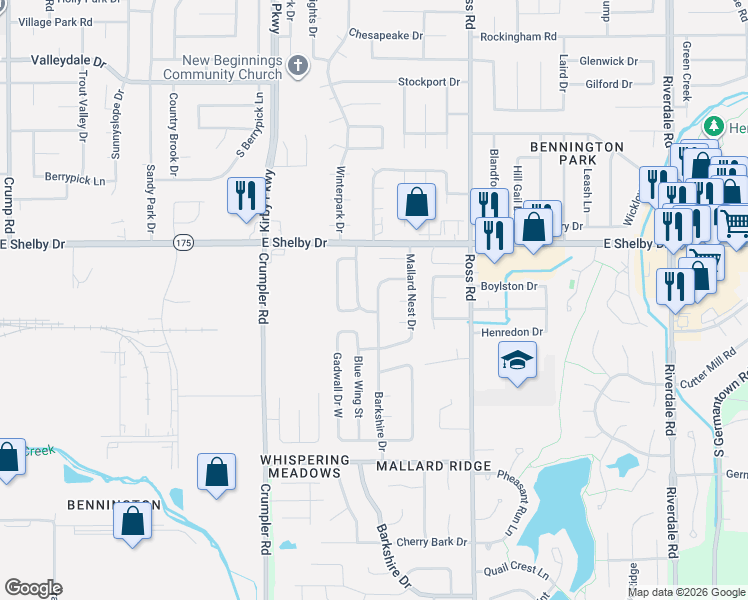 map of restaurants, bars, coffee shops, grocery stores, and more near 4753 Barkshire Drive in Memphis