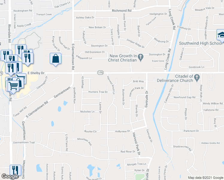 map of restaurants, bars, coffee shops, grocery stores, and more near 4761 Harvest Knoll Lane in Memphis