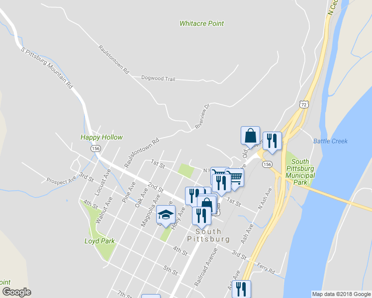 map of restaurants, bars, coffee shops, grocery stores, and more near 200 North Magnolia Avenue in South Pittsburg
