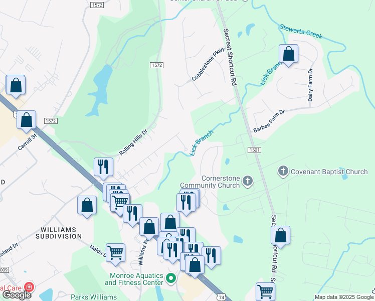 map of restaurants, bars, coffee shops, grocery stores, and more near 2500 Knights Court in Monroe