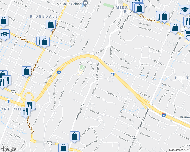map of restaurants, bars, coffee shops, grocery stores, and more near 423 South Seminole Drive in Chattanooga