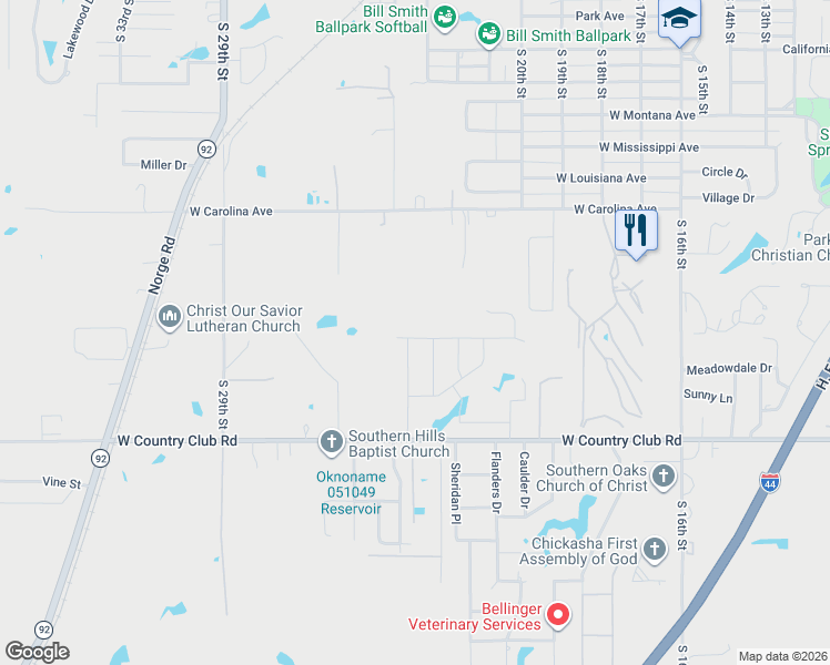 map of restaurants, bars, coffee shops, grocery stores, and more near 2312 Dillards Drive in Chickasha