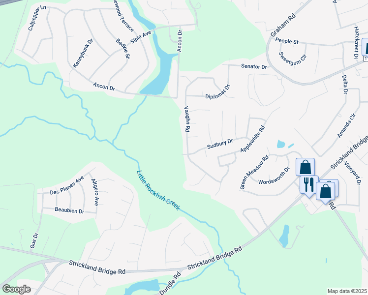 map of restaurants, bars, coffee shops, grocery stores, and more near 6708 Vaughn Road in Fayetteville