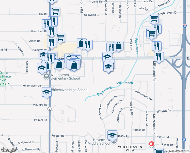 map of restaurants, bars, coffee shops, grocery stores, and more near 4741 Woodridge Drive in Memphis