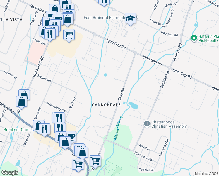 map of restaurants, bars, coffee shops, grocery stores, and more near 1721 Gray Road in Chattanooga