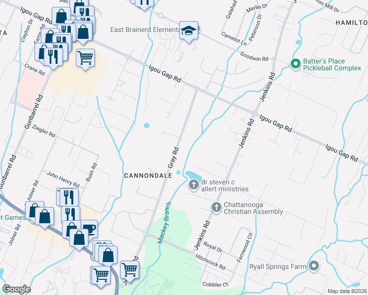 map of restaurants, bars, coffee shops, grocery stores, and more near 1730 Gray Road in Chattanooga