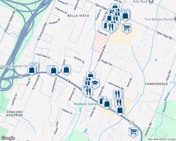 map of restaurants, bars, coffee shops, grocery stores, and more near 7385 Applegate Lane in Chattanooga