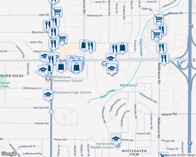 map of restaurants, bars, coffee shops, grocery stores, and more near 4741 Woodridge Drive in Memphis