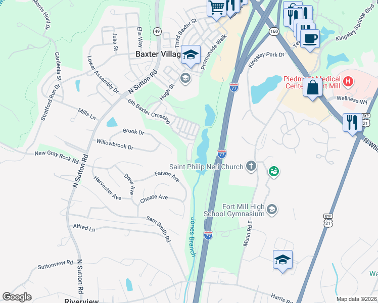 map of restaurants, bars, coffee shops, grocery stores, and more near 1098 Drayton Court in Fort Mill