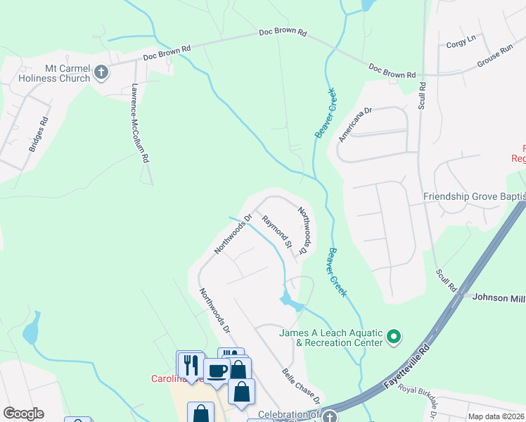 map of restaurants, bars, coffee shops, grocery stores, and more near 479 Northwoods Drive in Raeford