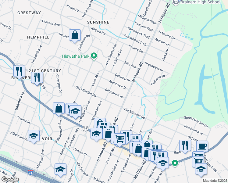 map of restaurants, bars, coffee shops, grocery stores, and more near 4704 Montview Drive in Chattanooga