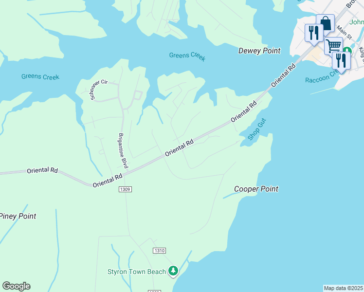 map of restaurants, bars, coffee shops, grocery stores, and more near 803 Oriental Rd in Oriental