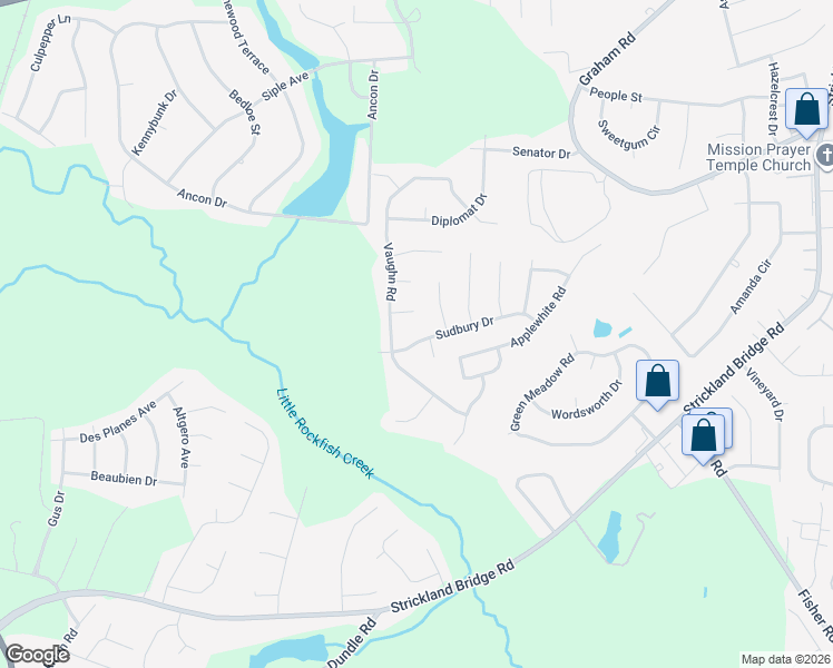 map of restaurants, bars, coffee shops, grocery stores, and more near 6701 Vaughn Road in Fayetteville