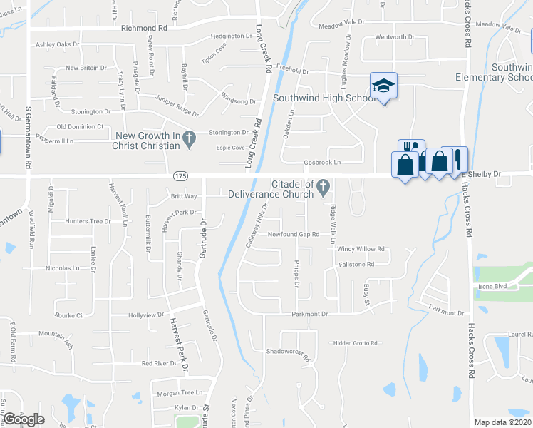 map of restaurants, bars, coffee shops, grocery stores, and more near 4742 Callaway Hills Drive in Memphis