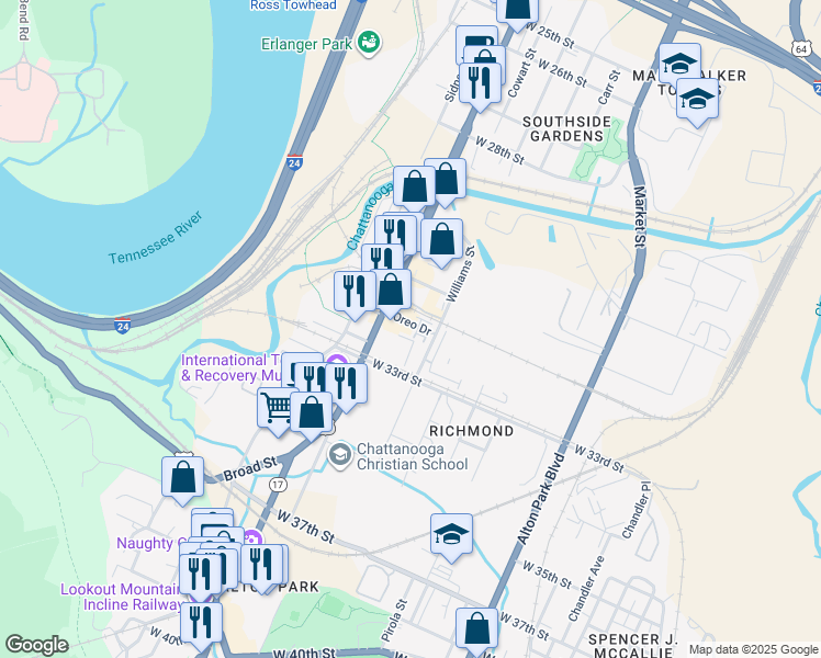 map of restaurants, bars, coffee shops, grocery stores, and more near in Chattanooga