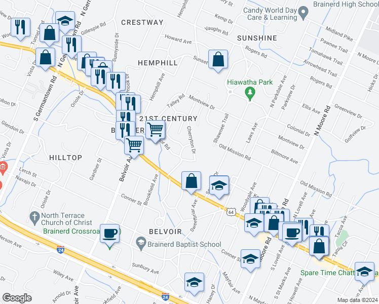 map of restaurants, bars, coffee shops, grocery stores, and more near 4201 Cherryton Drive in Chattanooga