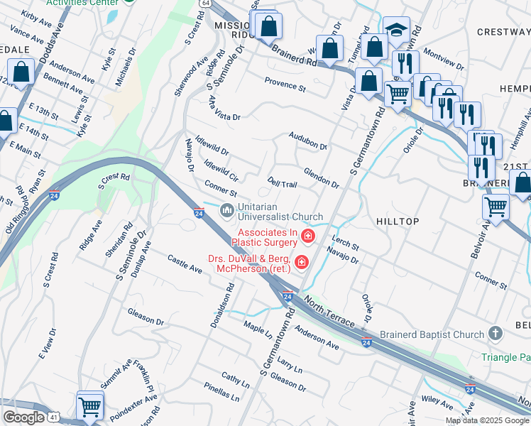 map of restaurants, bars, coffee shops, grocery stores, and more near 317 Wygoda Circle in Chattanooga