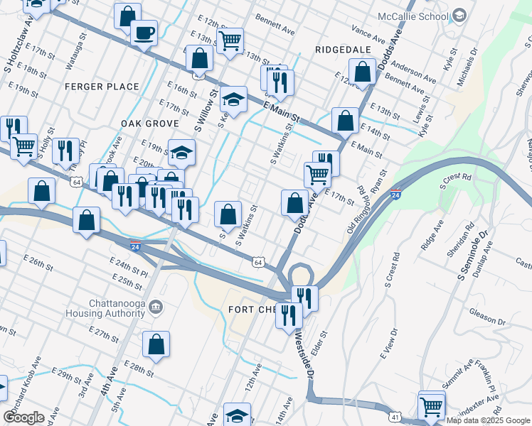 map of restaurants, bars, coffee shops, grocery stores, and more near 1901 South Watkins Street in Chattanooga
