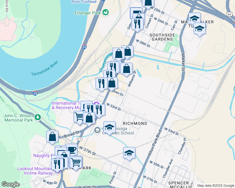 map of restaurants, bars, coffee shops, grocery stores, and more near 3146 Broad Street in Chattanooga