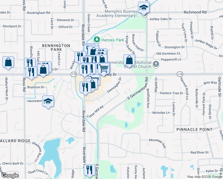 map of restaurants, bars, coffee shops, grocery stores, and more near 7089 Gleneagles Drive in Memphis