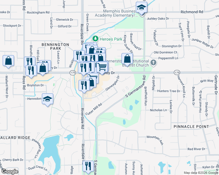map of restaurants, bars, coffee shops, grocery stores, and more near 7089 Gleneagles Drive in Memphis