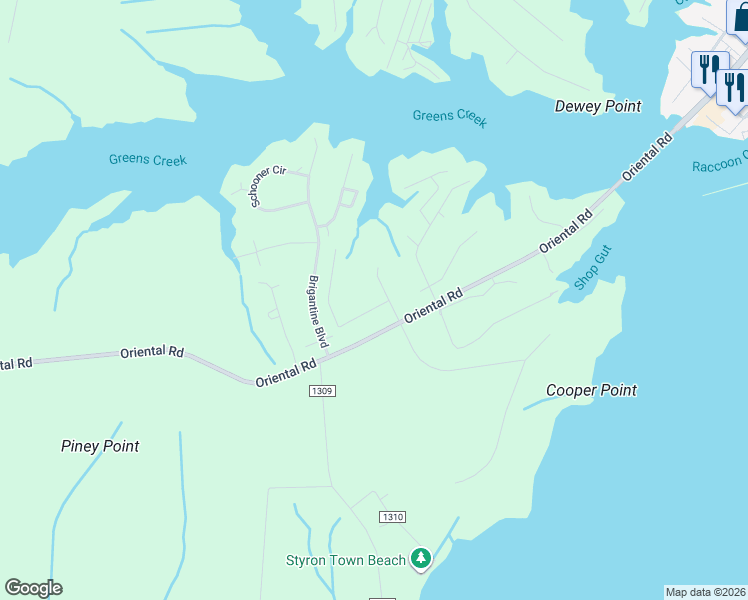 map of restaurants, bars, coffee shops, grocery stores, and more near 6105 Raccoon Run in Oriental