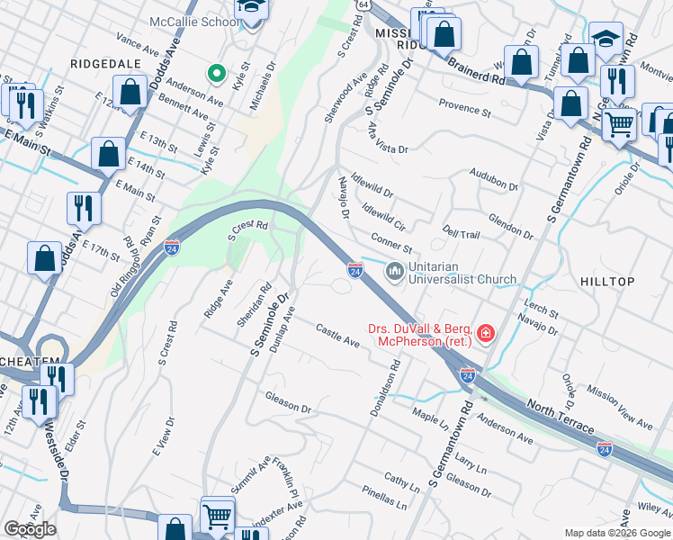 map of restaurants, bars, coffee shops, grocery stores, and more near 3 Mission Ridge Oval in Chattanooga