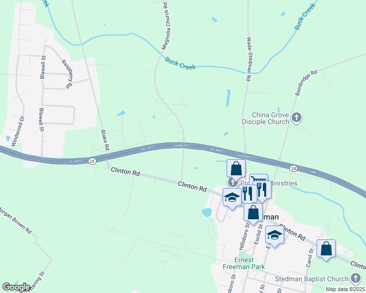 map of restaurants, bars, coffee shops, grocery stores, and more near State 24 in Stedman