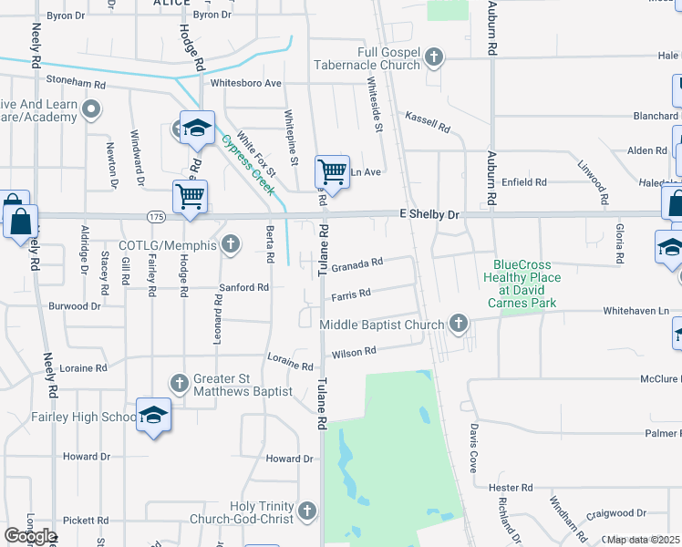 map of restaurants, bars, coffee shops, grocery stores, and more near 658 Granada Road in Memphis