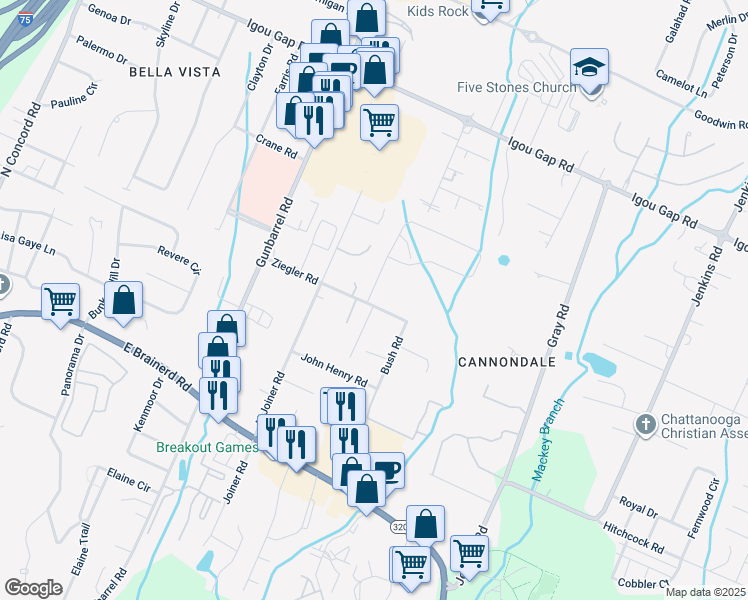 map of restaurants, bars, coffee shops, grocery stores, and more near 1700 Cannondale Loop in Chattanooga