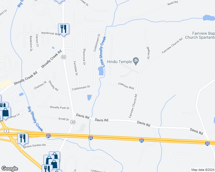 map of restaurants, bars, coffee shops, grocery stores, and more near 201 Flatview Way in Spartanburg