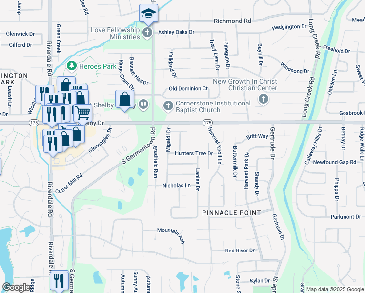 map of restaurants, bars, coffee shops, grocery stores, and more near 4752 Greybriar Drive in Memphis