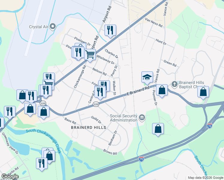map of restaurants, bars, coffee shops, grocery stores, and more near 413 Friar Road in Chattanooga