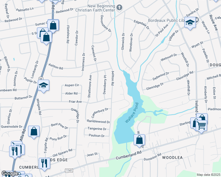 map of restaurants, bars, coffee shops, grocery stores, and more near 1842 Ashton Road in Fayetteville