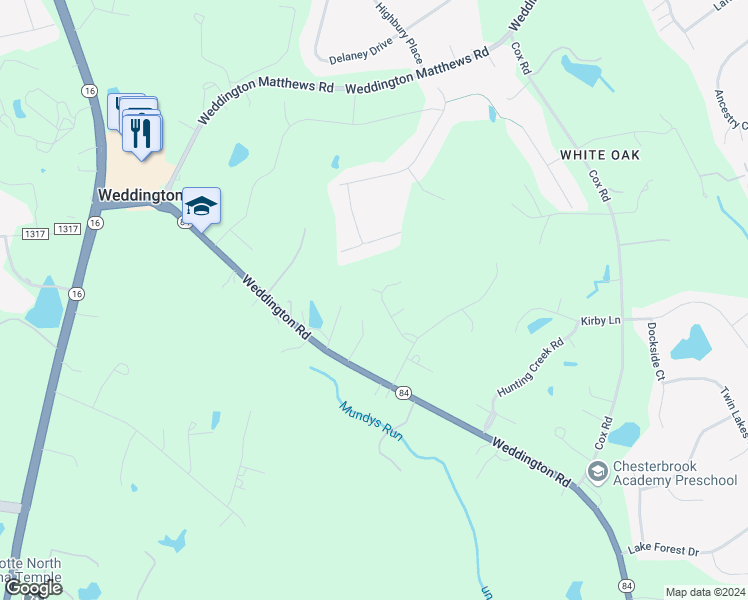 map of restaurants, bars, coffee shops, grocery stores, and more near 1401 Highland Ridge Court in Matthews