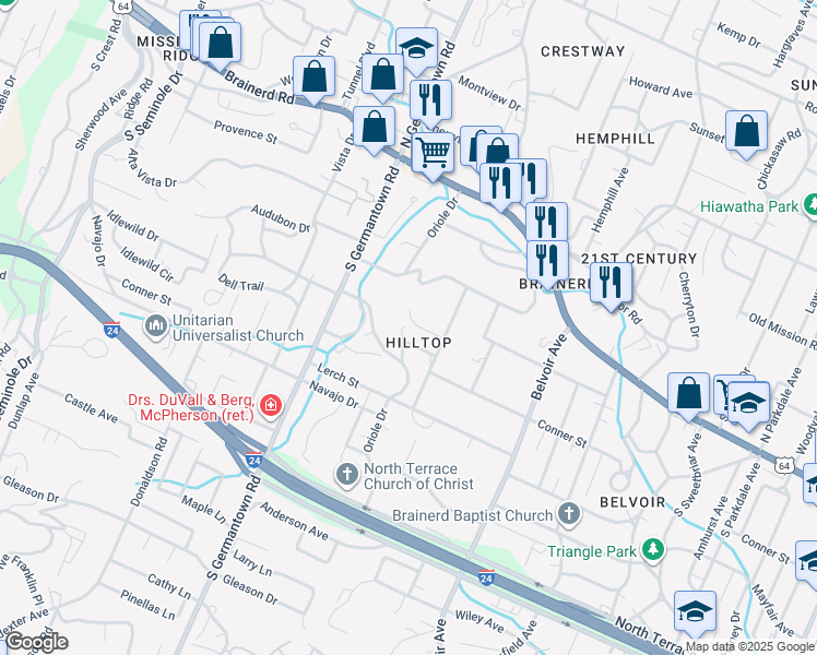 map of restaurants, bars, coffee shops, grocery stores, and more near 3718 Chula Vista Drive in Chattanooga