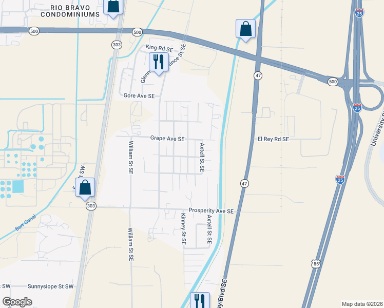 map of restaurants, bars, coffee shops, grocery stores, and more near 4207 Axtell Street Southeast in Albuquerque
