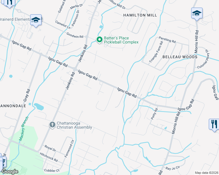 map of restaurants, bars, coffee shops, grocery stores, and more near 8215 Igou Gap Road in Chattanooga