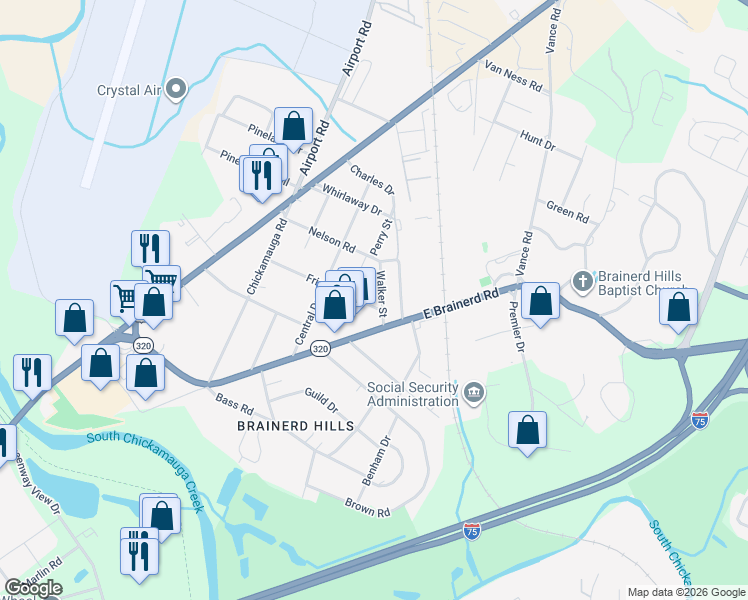 map of restaurants, bars, coffee shops, grocery stores, and more near 413 Friar Road in Chattanooga