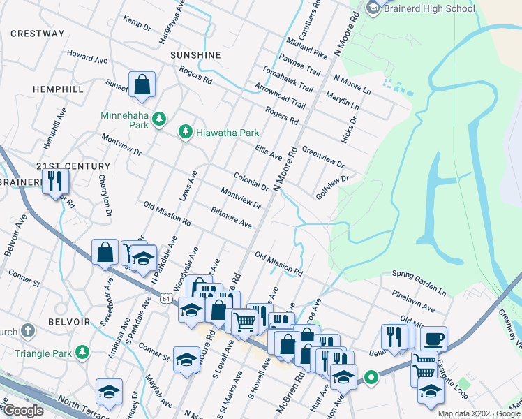 map of restaurants, bars, coffee shops, grocery stores, and more near 4721 Montview Drive in Chattanooga