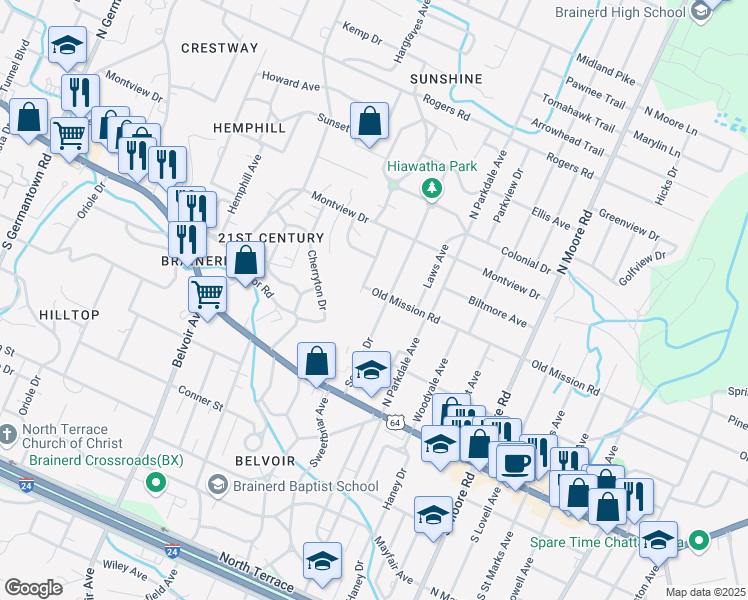map of restaurants, bars, coffee shops, grocery stores, and more near 122 Shawnee Trail in Chattanooga