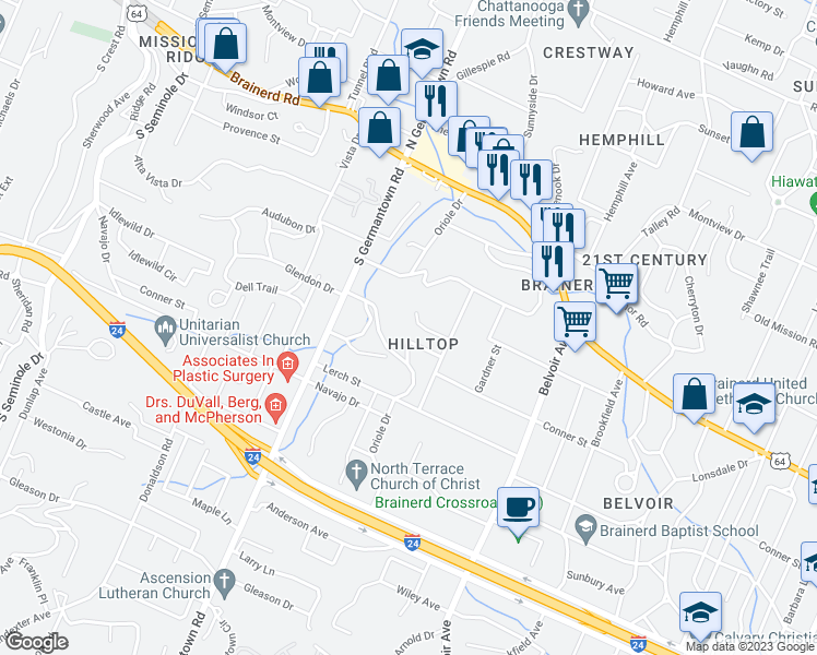 map of restaurants, bars, coffee shops, grocery stores, and more near 3728 Chula Vista Drive in Chattanooga