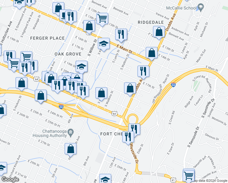 map of restaurants, bars, coffee shops, grocery stores, and more near 1901 South Watkins Street in Chattanooga