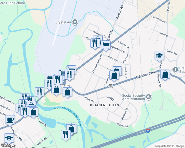 map of restaurants, bars, coffee shops, grocery stores, and more near Chickamauga Road in Chattanooga