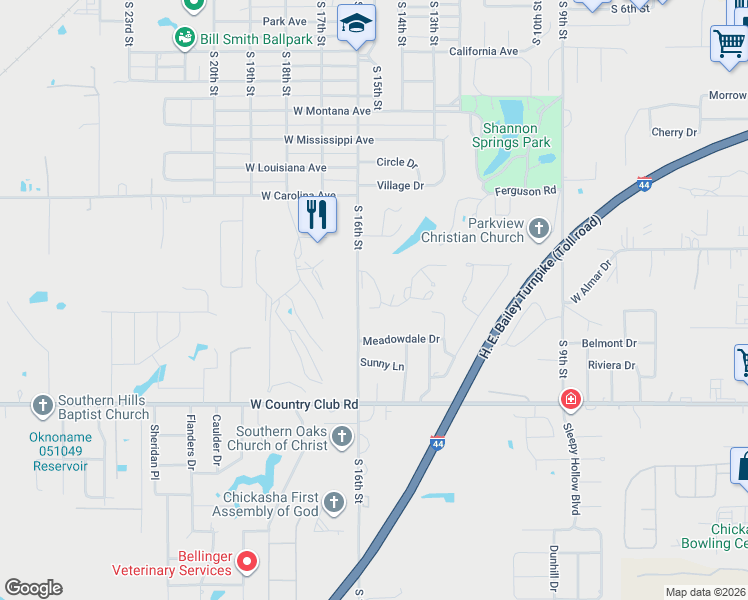 map of restaurants, bars, coffee shops, grocery stores, and more near 112 Maple Lane in Chickasha