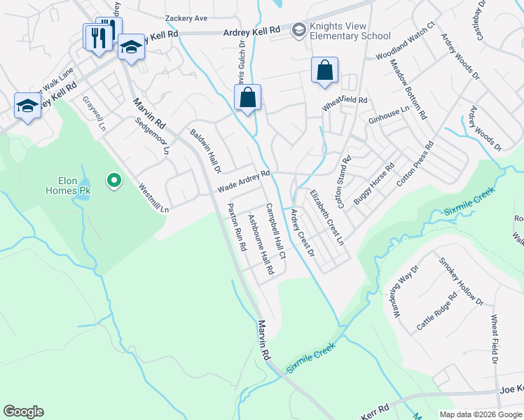map of restaurants, bars, coffee shops, grocery stores, and more near 9613 Woburn Road in Charlotte