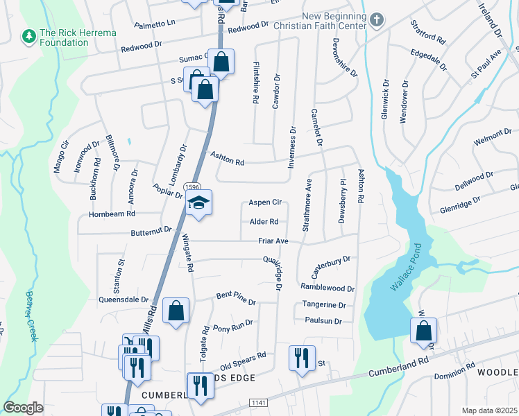 map of restaurants, bars, coffee shops, grocery stores, and more near 1943 Aspen Circle in Fayetteville