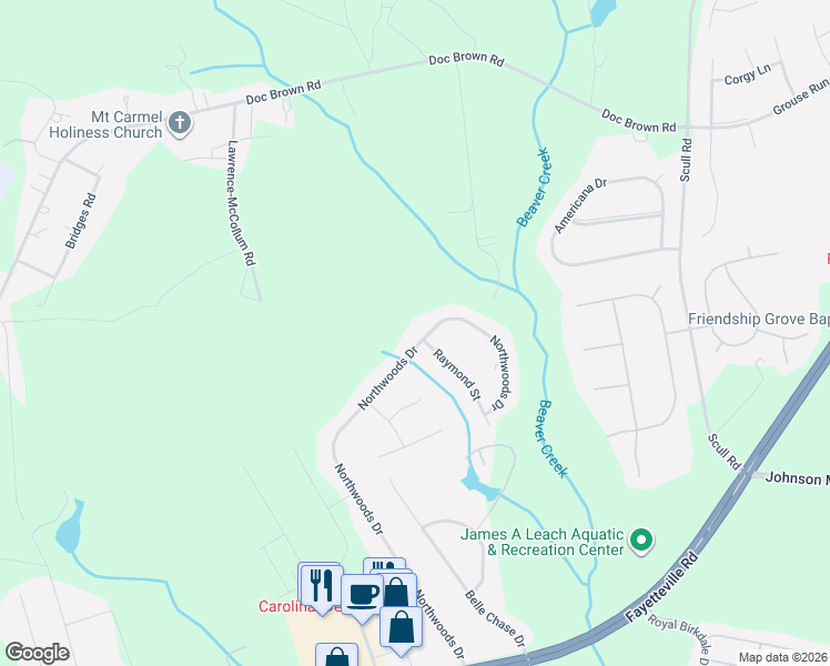 map of restaurants, bars, coffee shops, grocery stores, and more near 479 Northwoods Drive in Raeford